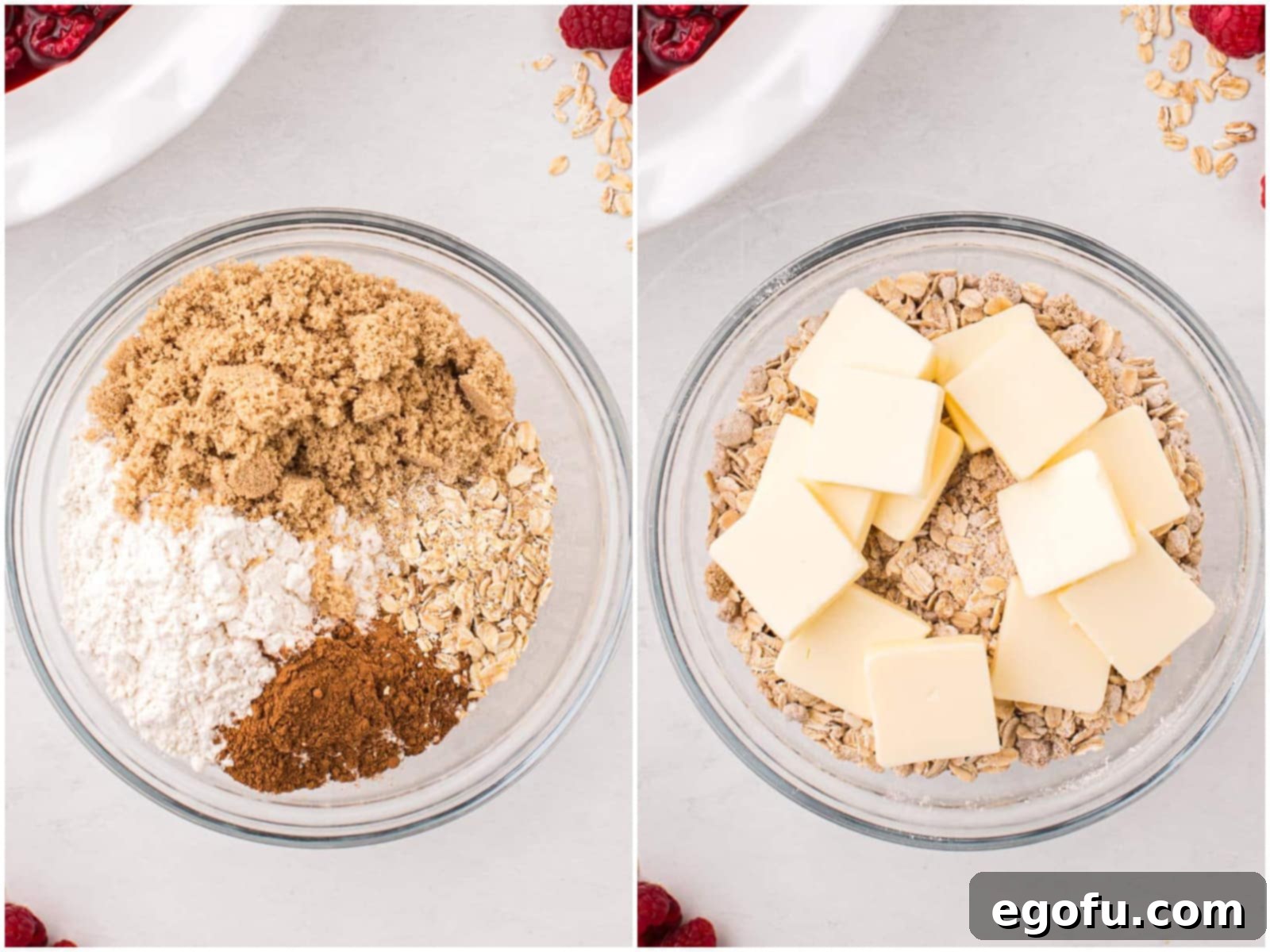 collage of two photos: a glass mixing bowl with oats, flour, brown sugar, and pumpkin pie spice; 