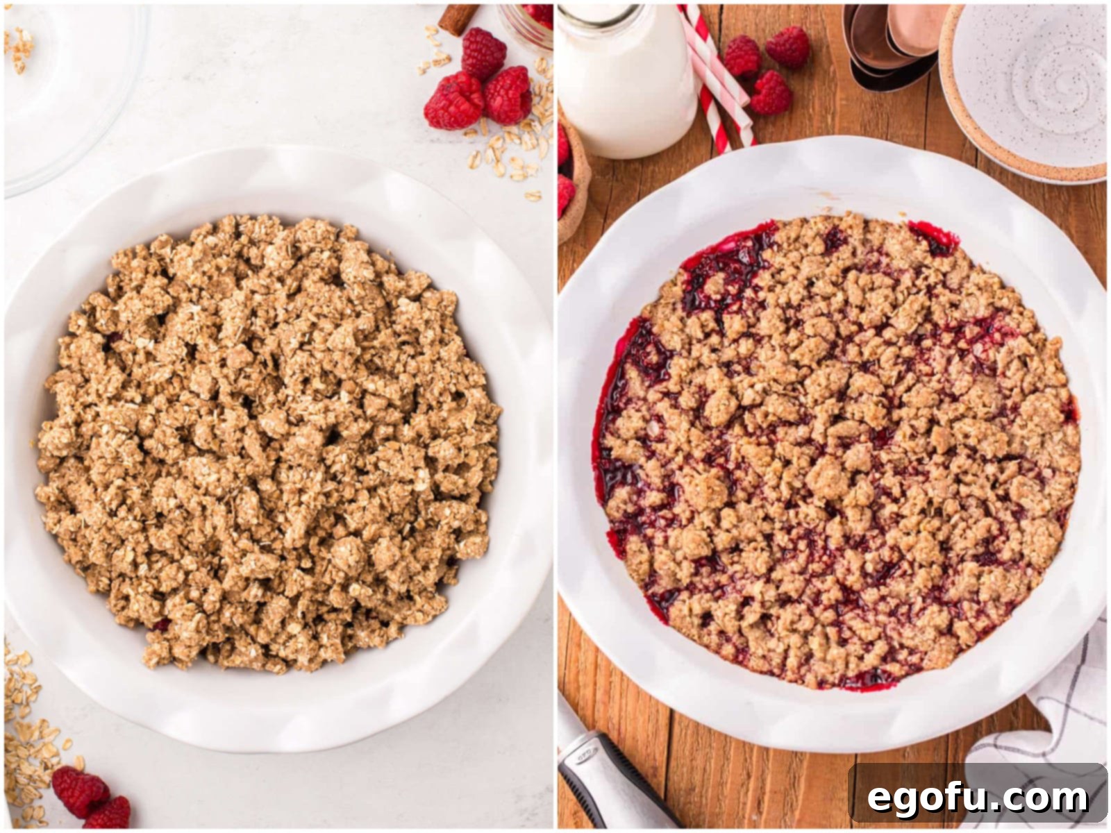 collage of two photos: crumble topping on raspberry filling in a pie dish; fully baked raspberry crumble. 