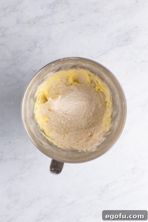 Flour on top of creamed butter and sugar in a mixing bowl.