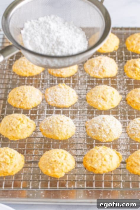 Powdered sugar being sifted through a sifter on top of cookies on a wire rack.