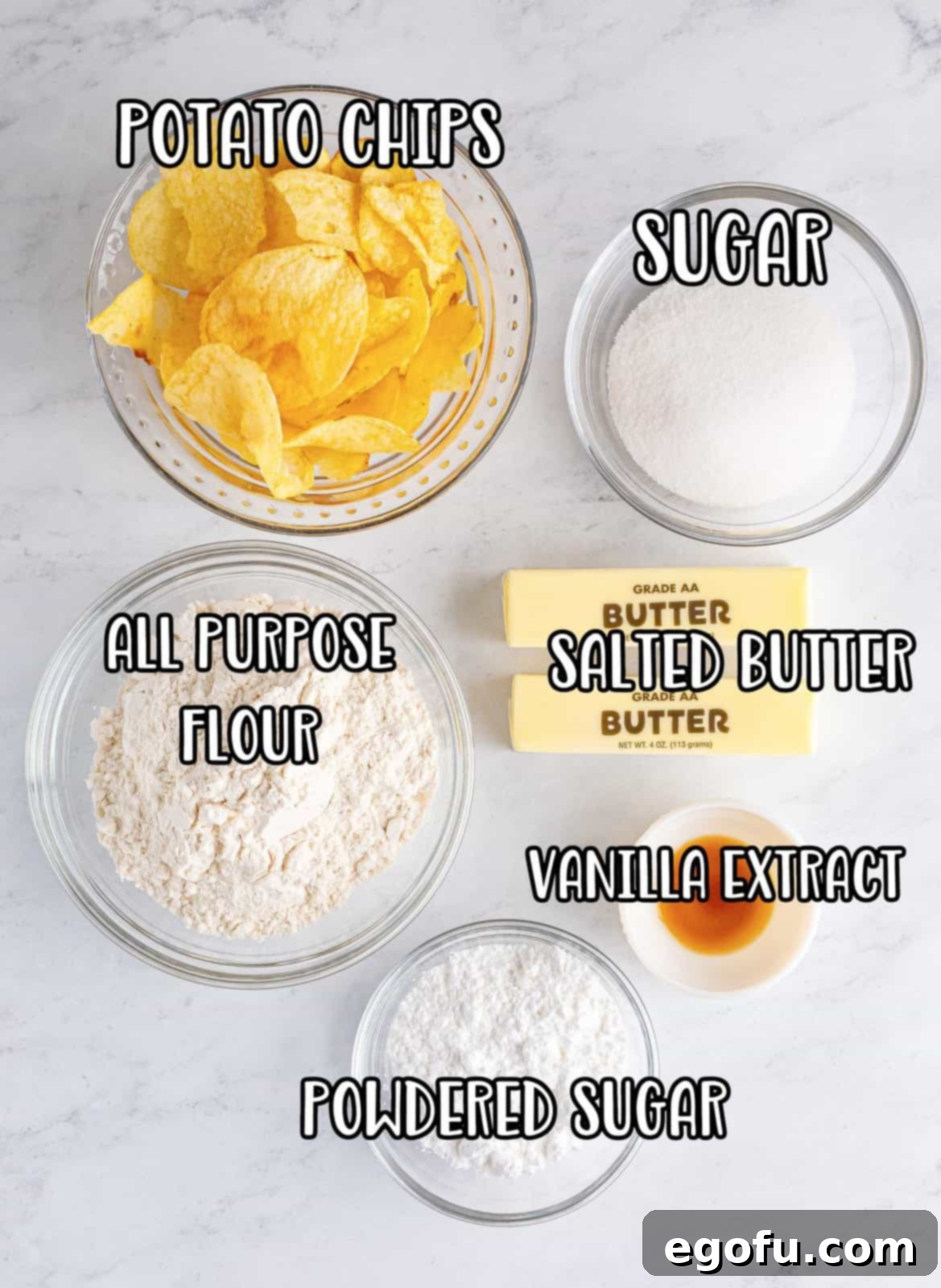 Butter, sugar, flour, potato chips, vanilla extract, and powdered sugar.