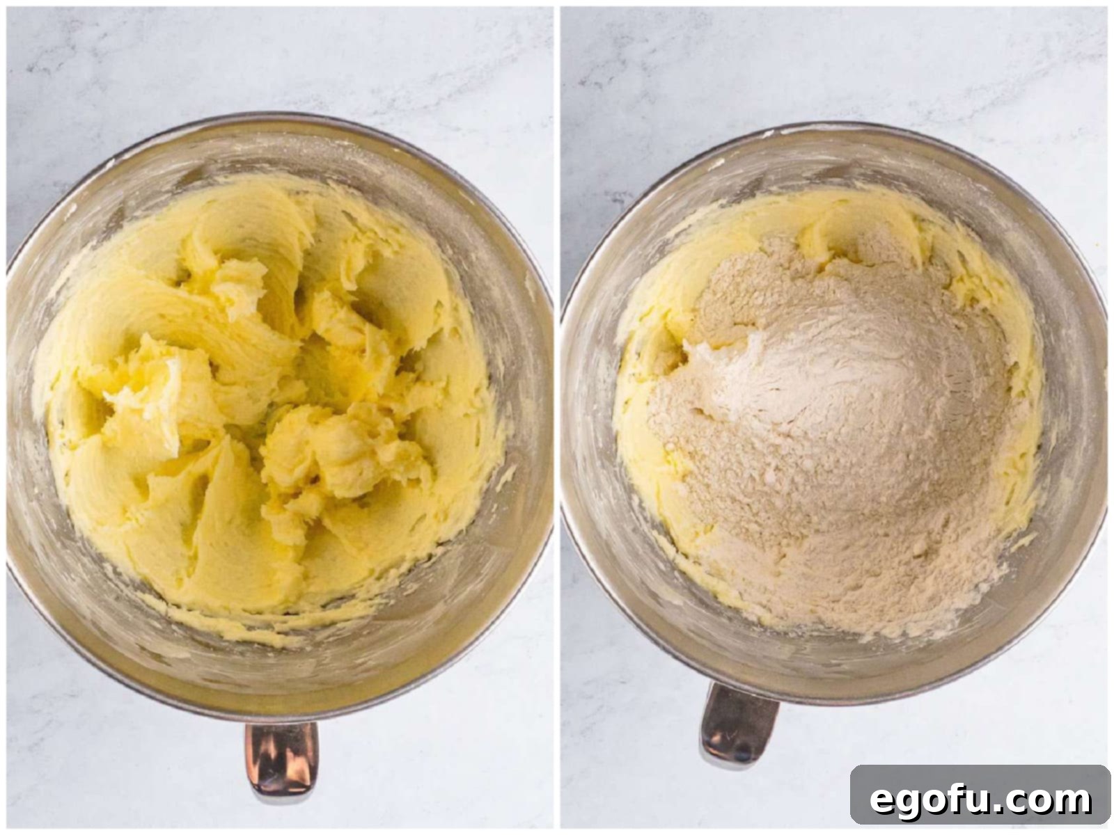 collage of two photos: butter and sugar creamed together in a mixing bowl; flour added to the mixing bowl.