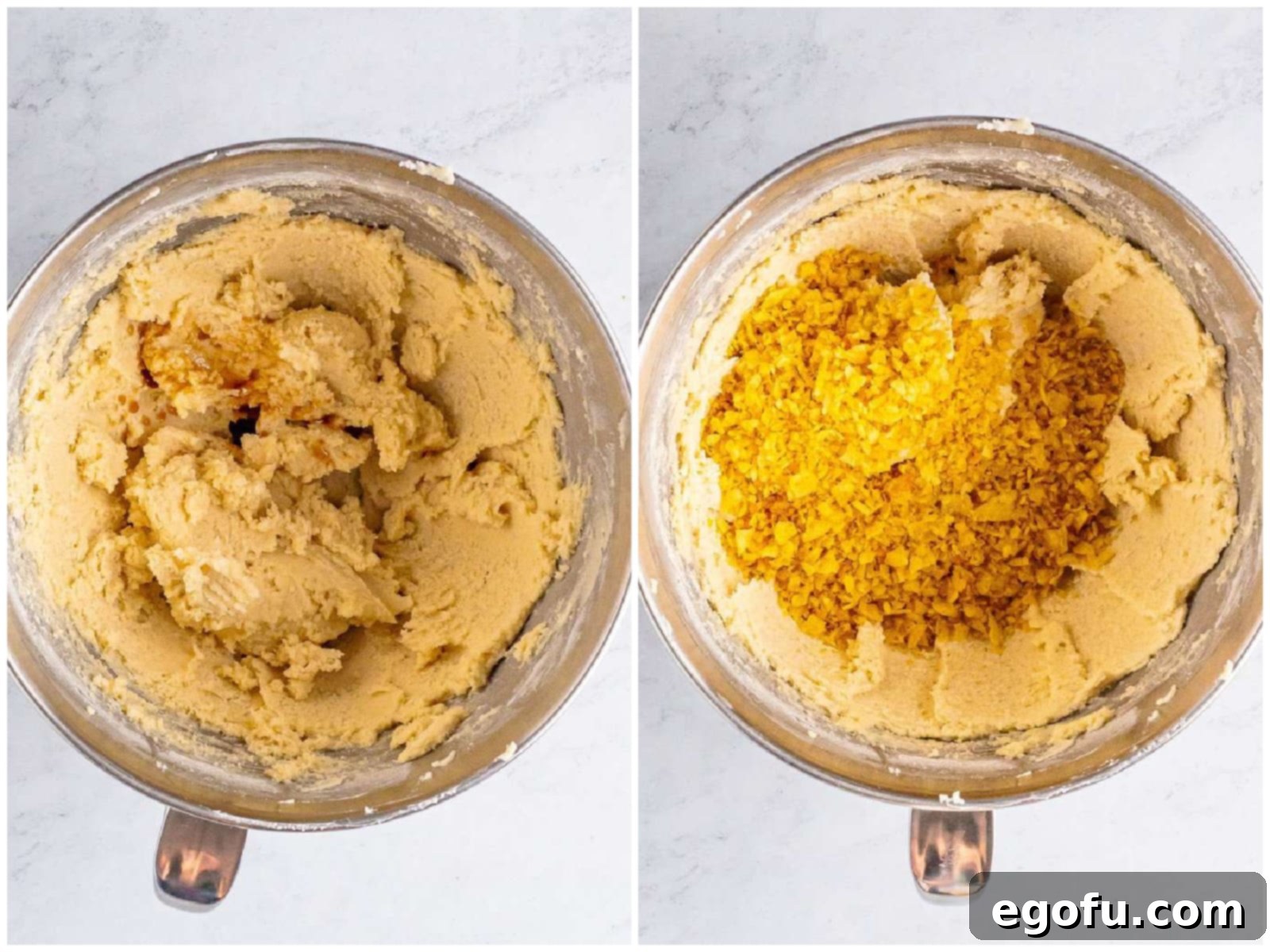 collage of two photos: vanilla extract added to the mixing bowl; crushed potato chips added to cookie batter in bowl.