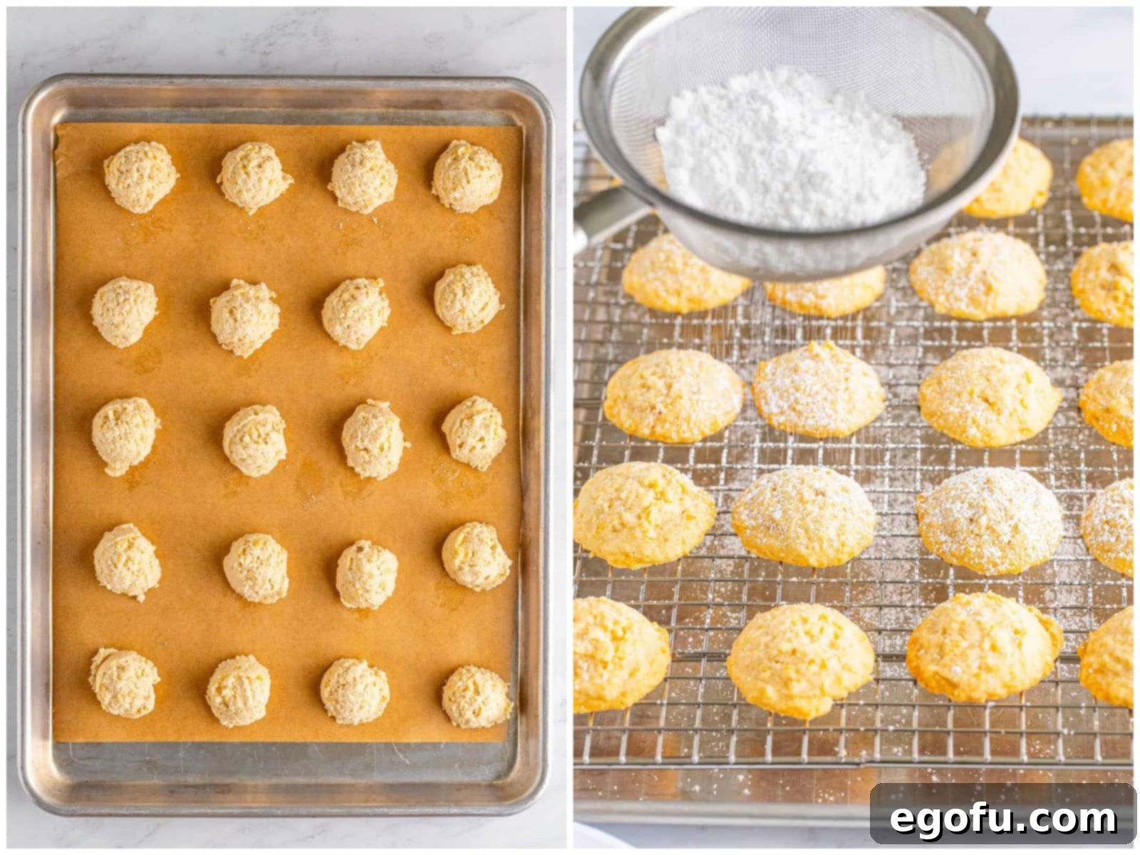 collage of two photos: potato chip cookie dough balls on a parchment paper lined baking sheet; powdered sugar being dusted on top of cookies on a cooling rack.