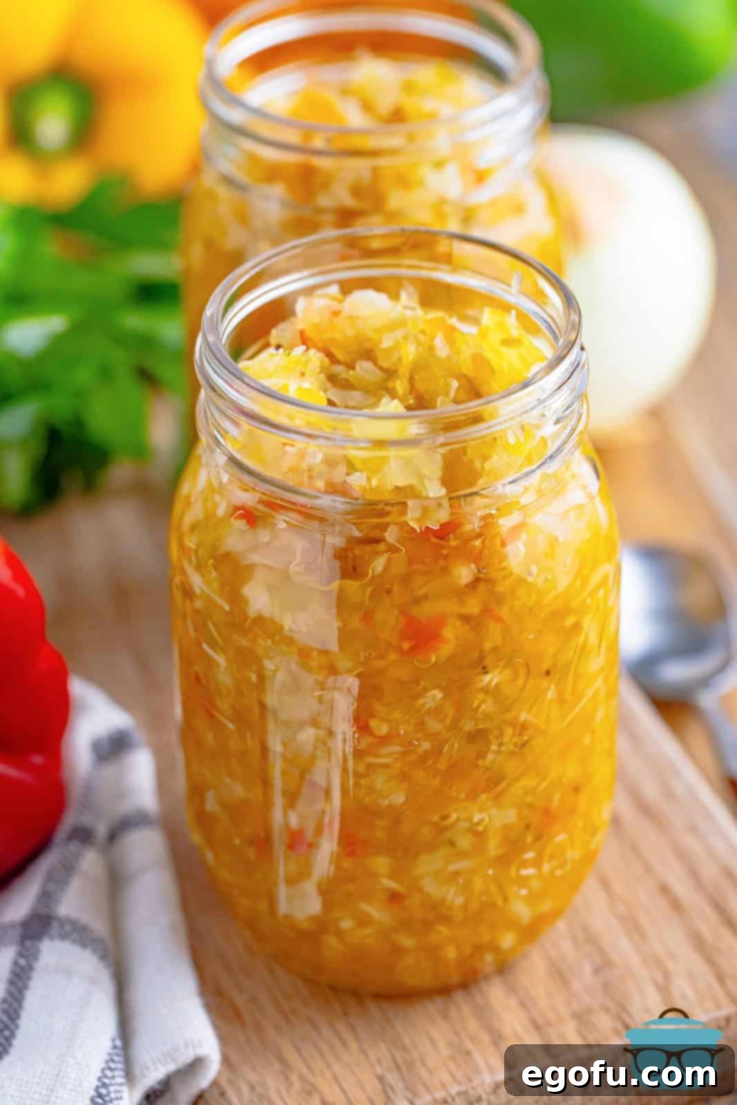Two glass jars of homemade Chow Chow relish.