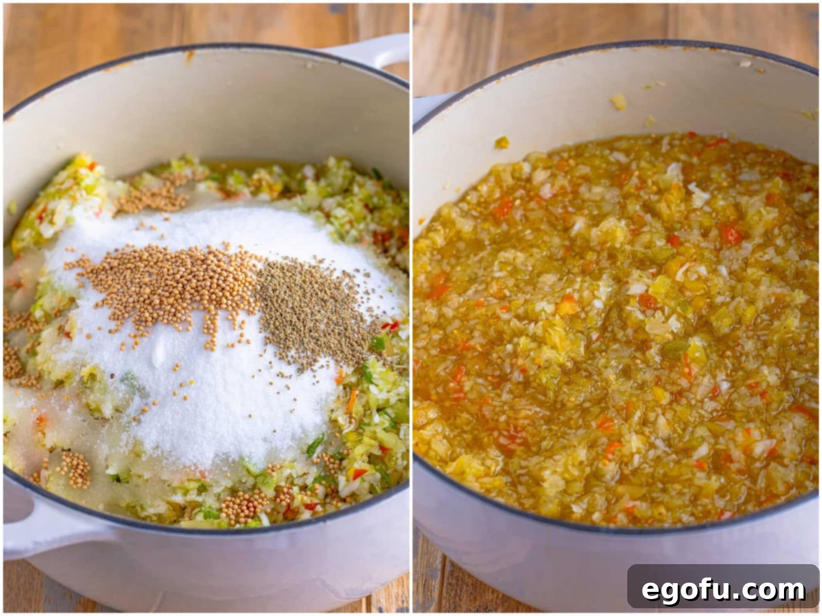 collage of two photos: chopped veggies added to a large pot then topped with sugar, vinegar, celery and mustard seeds; mixture after it has been simmered for 10 minutes.