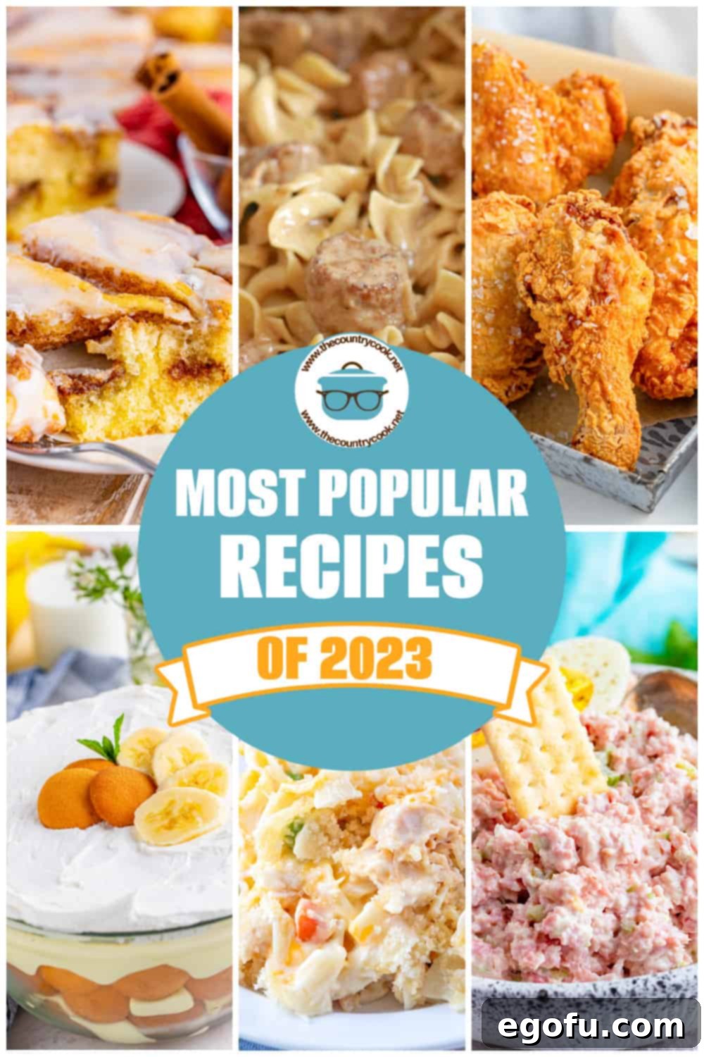 A vibrant collage showcasing the top 15 most popular recipes from The Country Cook, featuring a variety of savory and sweet dishes including enchiladas, fried chicken, biscuits, and desserts.