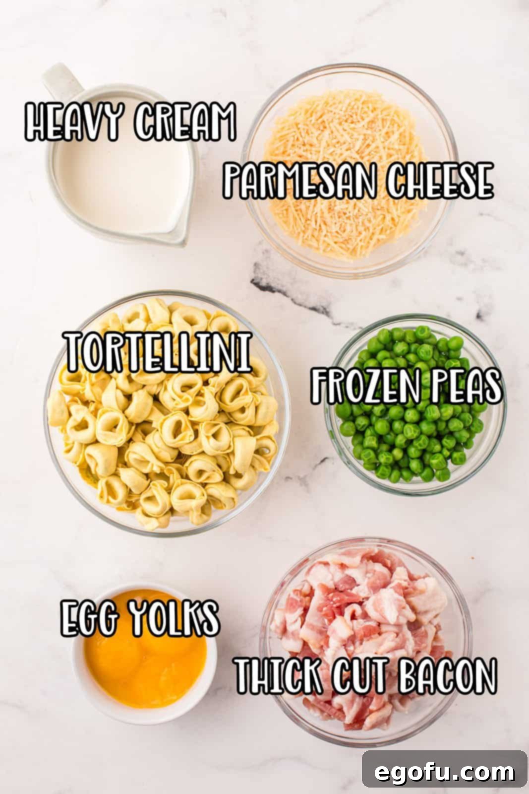 A collage of ingredients for Tortellini Carbonara: tortellini, frozen peas, egg yolks, bacon, parmesan cheese, and heavy cream.