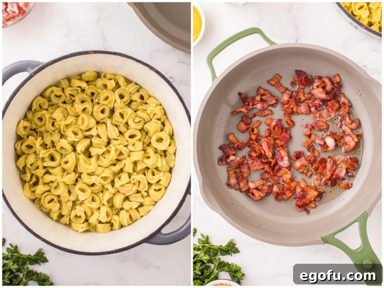 A collage showing the process of making Tortellini Carbonara: cooked tortellini in a pot, and crispy bacon pieces in a skillet.