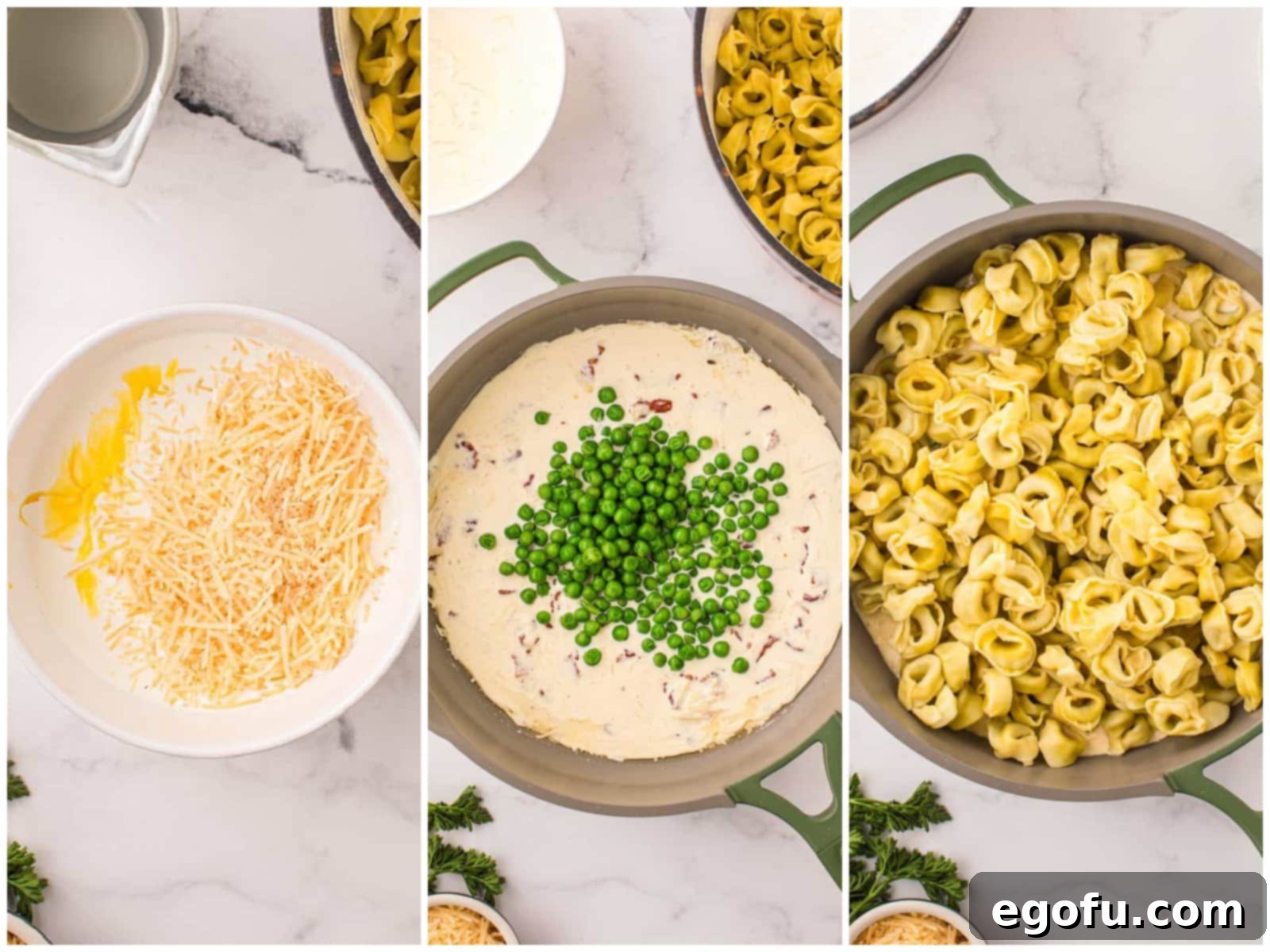 A collage of three photos depicting the sauce preparation: a bowl with heavy cream, egg yolks, and parmesan cheese; frozen peas added to the cream mixture in a skillet; and cooked tortellini added to the skillet.
