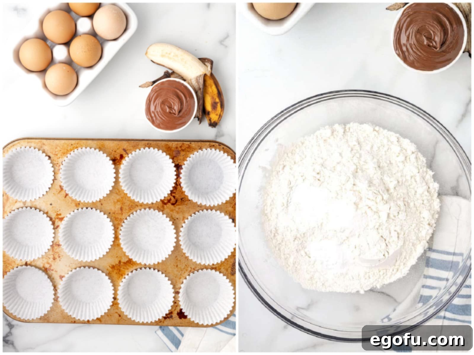 A collage showing cupcake liners being placed into muffin tin wells on the left, and on the right, a clear bowl holding the whisked flour mixture.