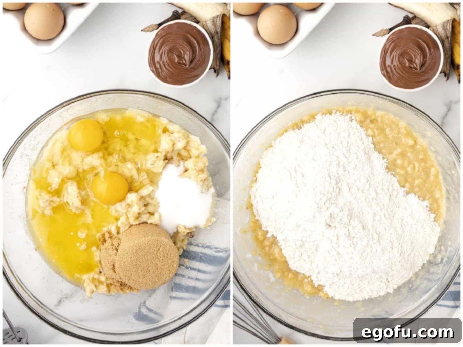 A collage showing the initial wet ingredients (butter, bananas, sugars, eggs, vanilla) being added to the mixing bowl on the left, and on the right, the flour mixture being gently incorporated into the wet batter.