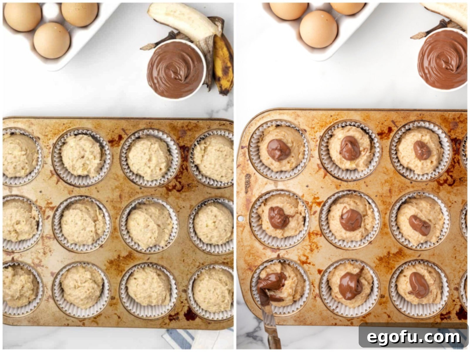 A collage featuring muffin batter poured into cupcake liners on the left, and on the right, spoonfuls of Nutella being delicately dropped onto the surface of the banana muffin batter.