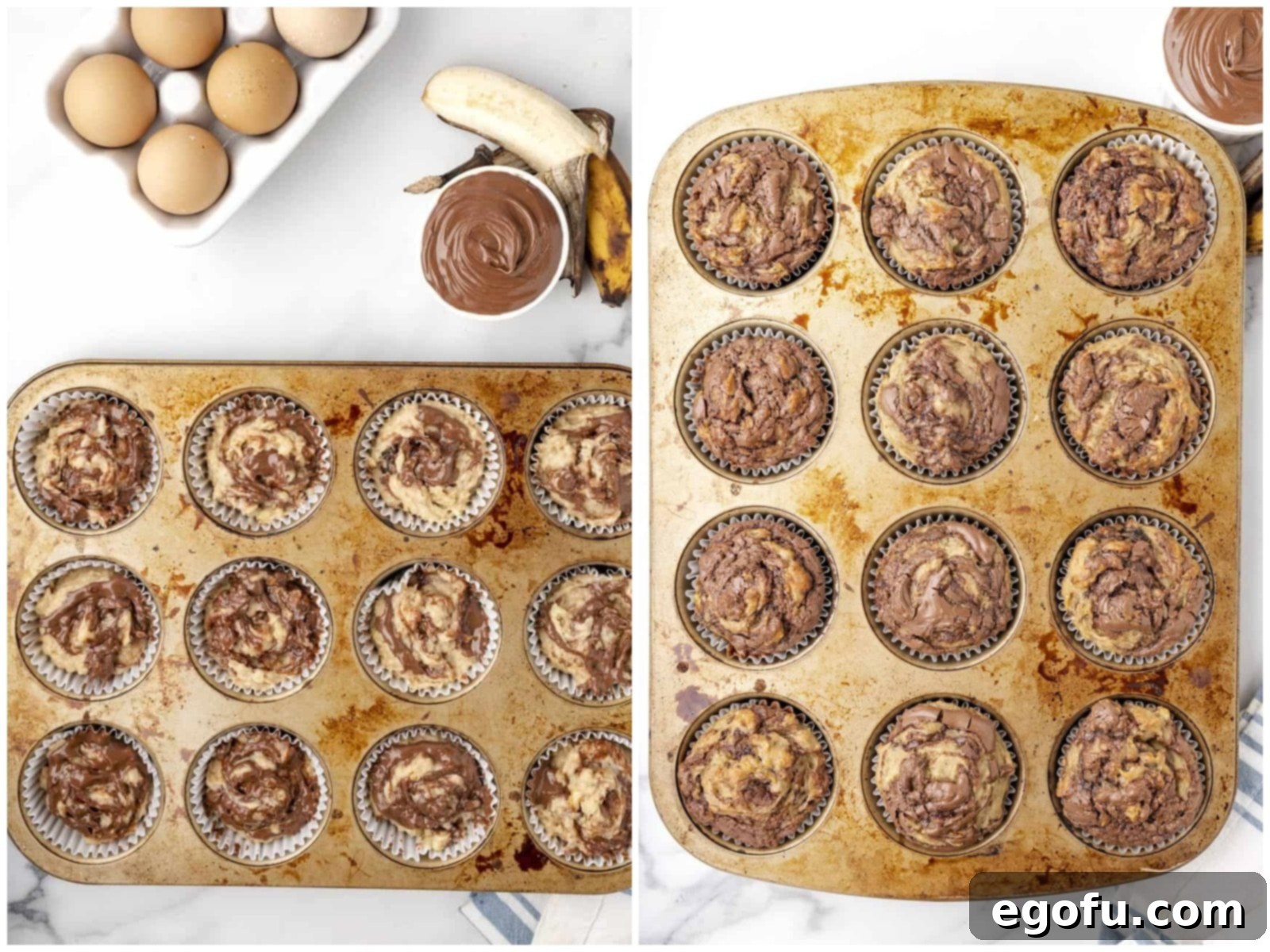 A collage displaying the Nutella being artfully swirled into the muffin batter with a knife on the left, and on the right, the perfectly baked and golden muffins cooling within their tin.