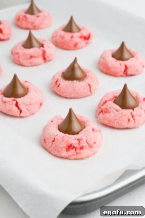 Sakura Bloom Bites 16 Hershey kisses being added to Cherry cookies on parchment paper.