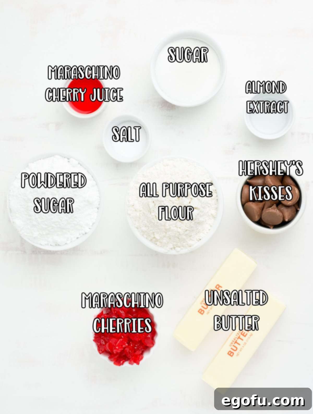 Sakura Bloom Bites 4 Butter, powdered sugar, maraschino cherries, almond extract, flour, salt, maraschino cherry juice, sugar, and Hershey kisses.