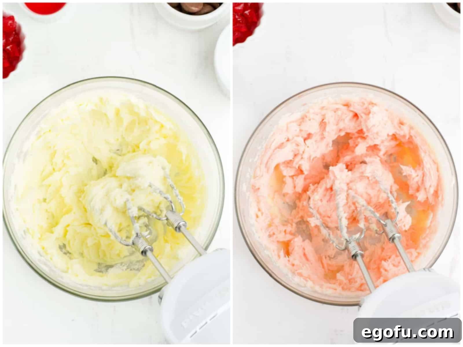 Sakura Bloom Bites 5 collage of two photos: butter and powdered sugar in a glass mixing bowl; butter, sugar, cherry juice and extract in a mixing bowl.