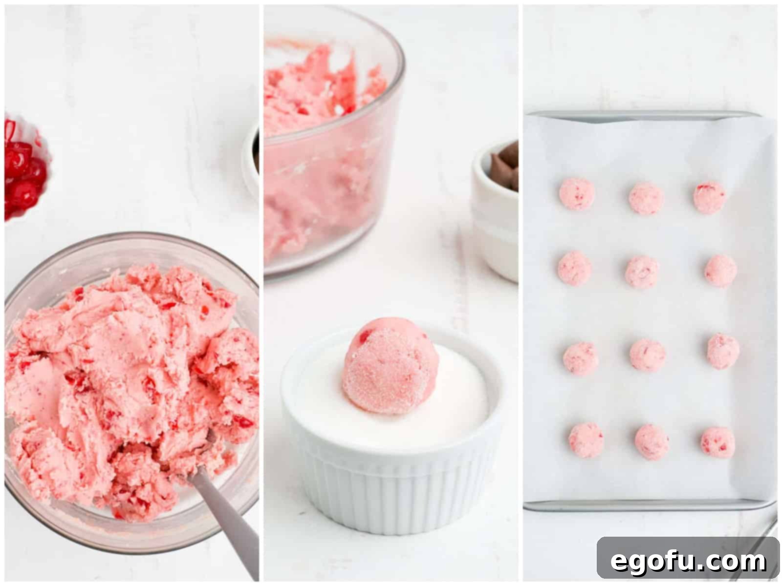 Sakura Bloom Bites 6 collage of three photos: pink cookie dough in a bowl; rolling a cookie dough ball in sugar; uncooked cookie dough balls on a parchment covered baking sheet.