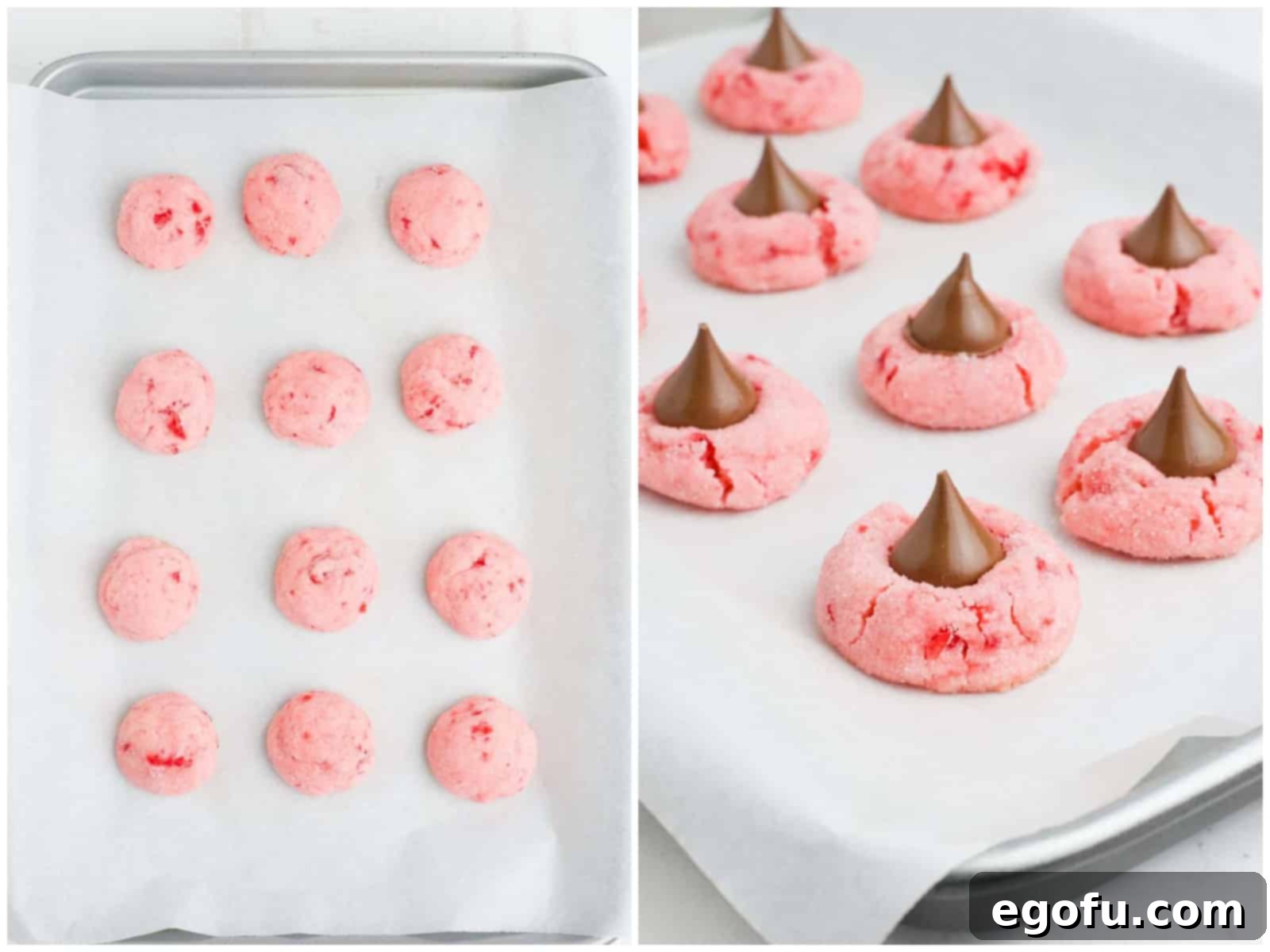 Sakura Bloom Bites 7 collage of two photos: baked cherry cookies straight out of the oven; Hershey's kisses being added on top of the cherry cookies.