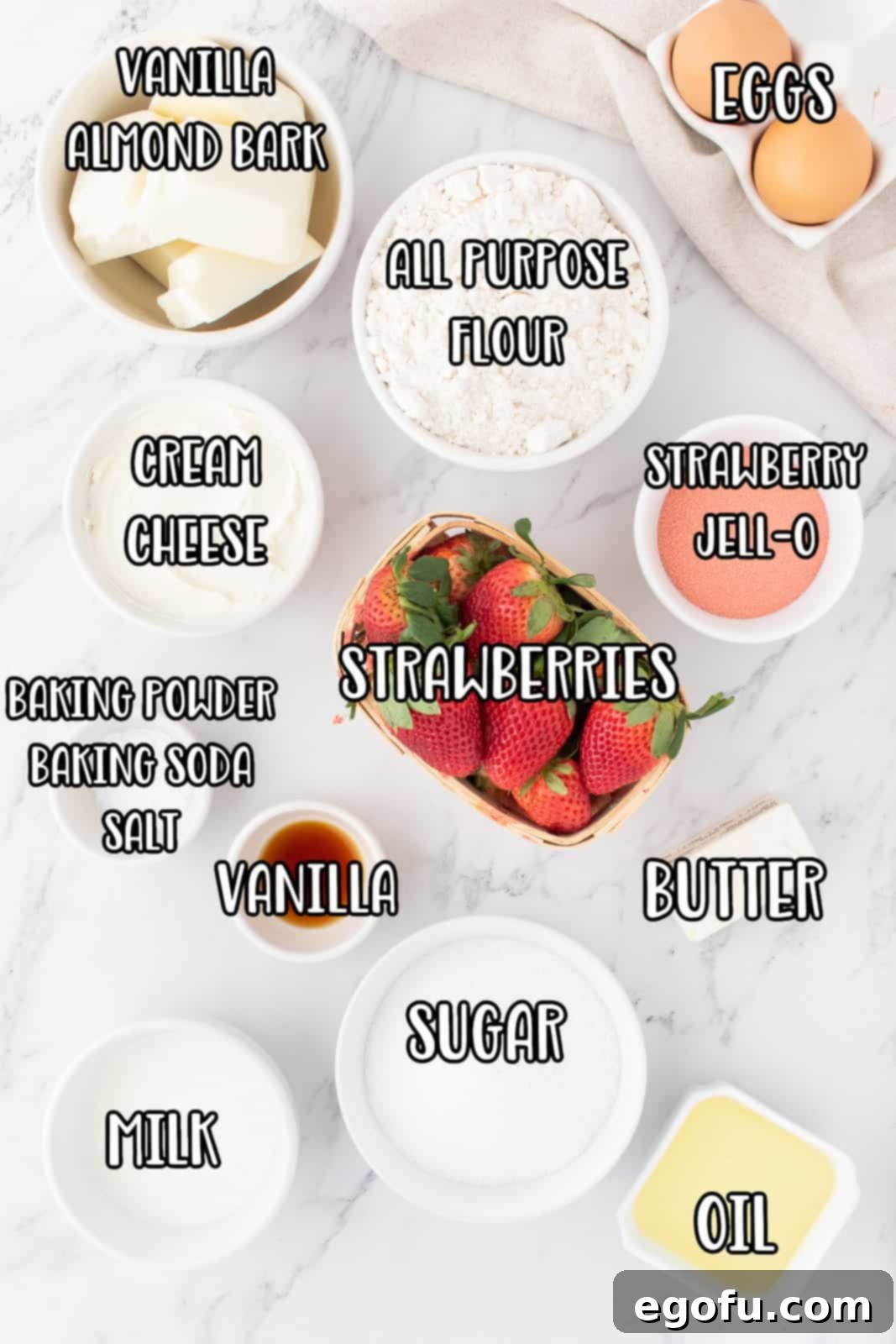 Decadent Strawberry Cake Bites 4 Almond bark, strawberries, Strawberry Jell-O powder, cream cheese, sugar, eggs, oil, flour, baking powder, salt, vanilla, butter, and milk.