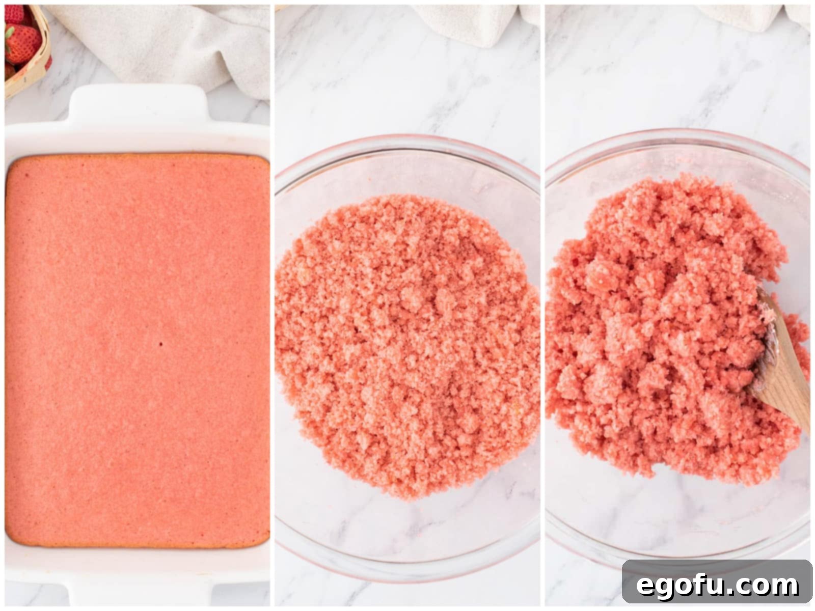 Decadent Strawberry Cake Bites 7 collage of three photos: homemade strawberry cake in a baking dish; crumbled cake in a bowl; cream cheese added to crumbled cake.