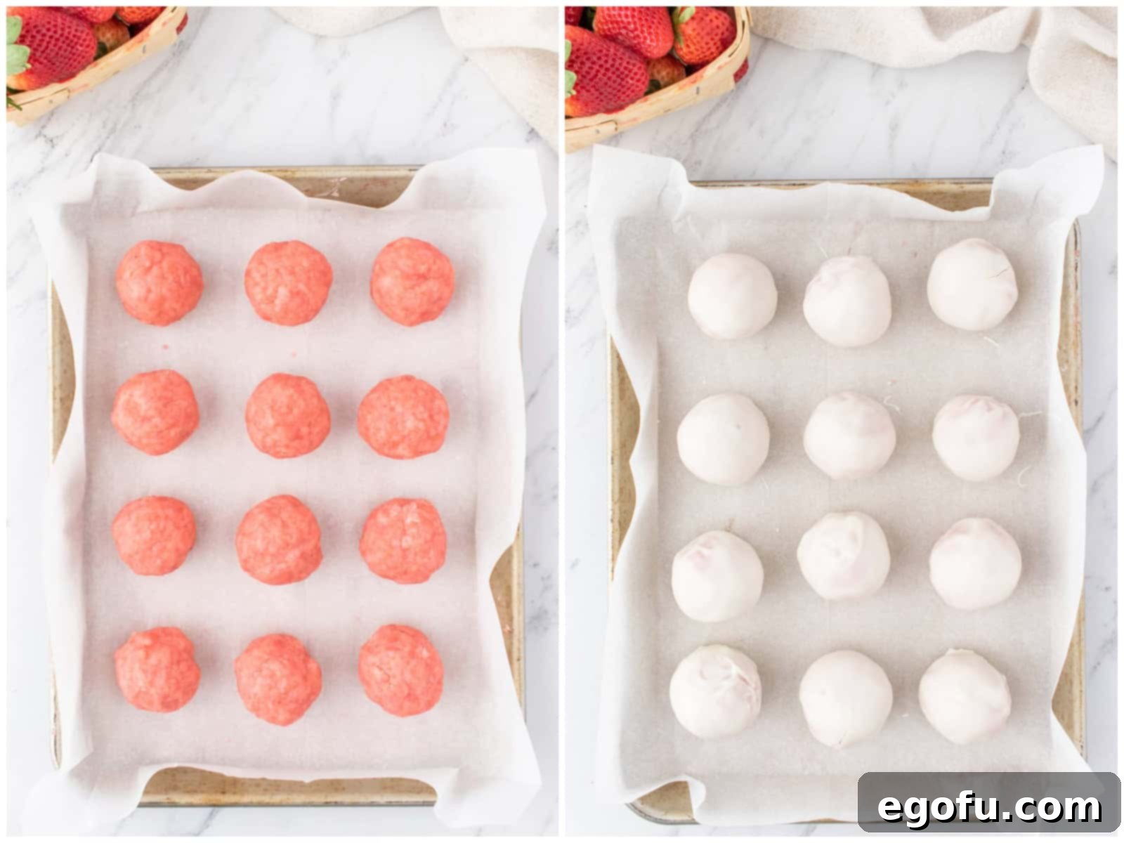 Decadent Strawberry Cake Bites 8 collage of two photos: uncoated strawberry cake balls on parchment paper; white chocolate coated strawberry cake balls on parchment paper.