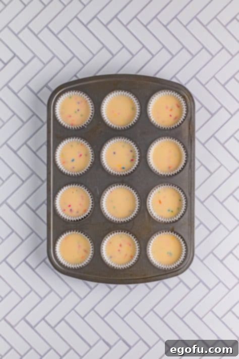 Festive Confetti Cupcakes 15 A lined cupcake tin with batter in each well, filled to the optimal level.