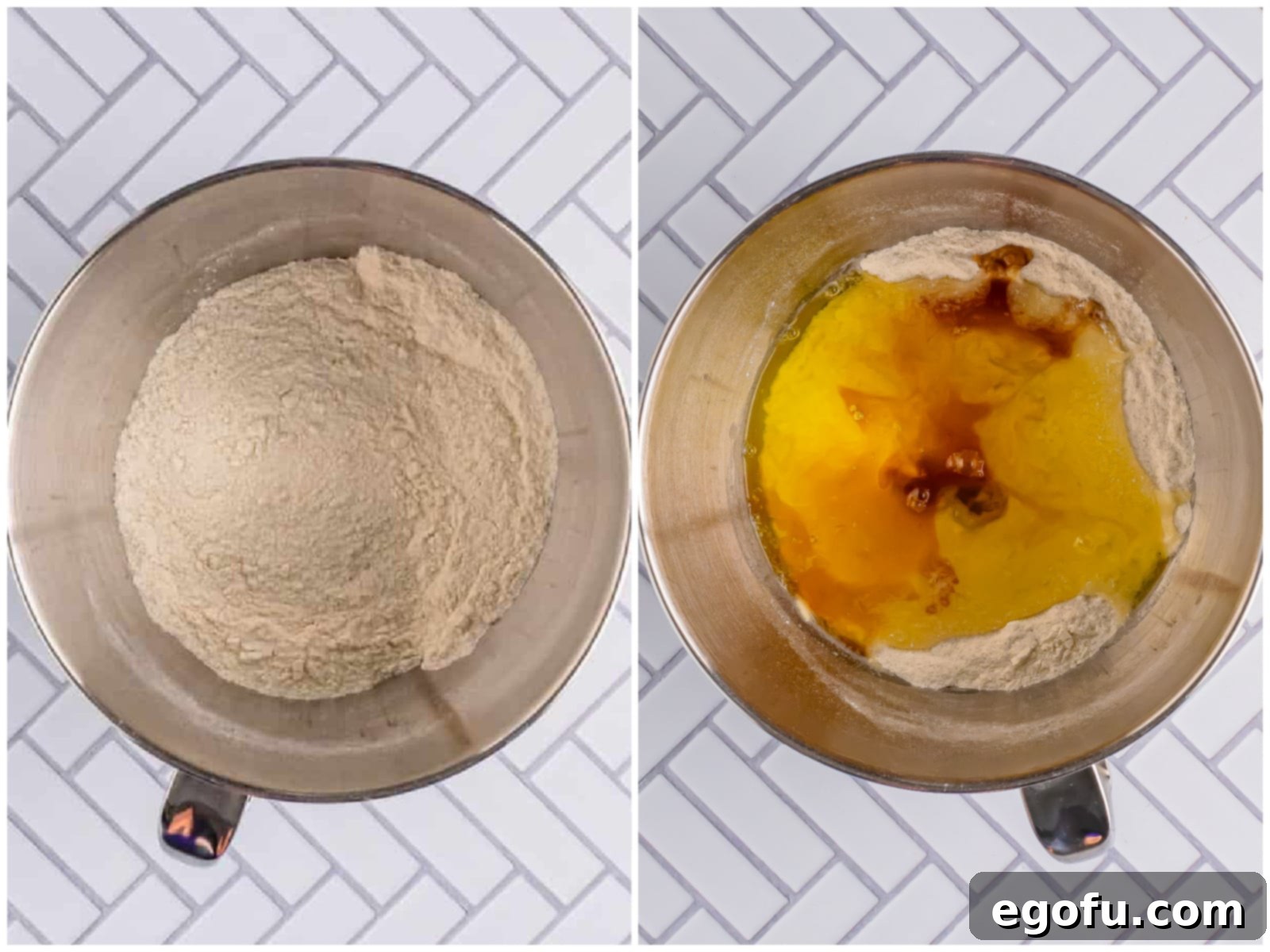 Festive Confetti Cupcakes 5 collage of two photos: A mixing bowl with flour, sugar, baking powder, and baking soda, perfectly combined; egg whites and vanilla extract being carefully added to the flour mixture in the stand mixer bowl, illustrating the initial mixing process for the cupcake batter.