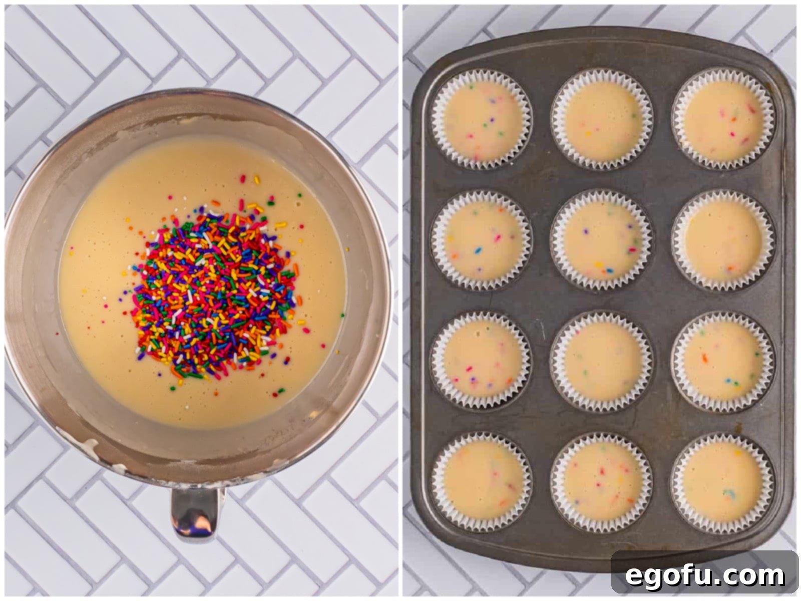 Festive Confetti Cupcakes 6 college of two photos: whole milk, vegetable oil, and vibrant sprinkles being added to the prepared cupcake batter in a mixing bowl; the colorful cupcake batter carefully being put into individual cupcake liners in a muffin tin, illustrating the precise filling process.