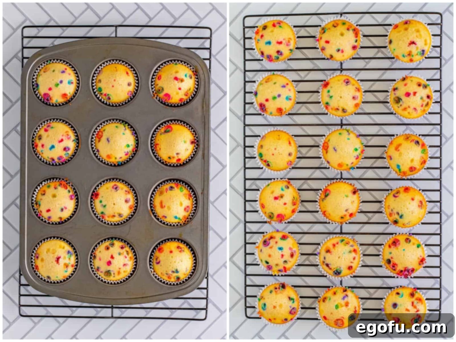Festive Confetti Cupcakes 7 collage of two photos: perfectly baked Funfetti Cupcakes still nestled in their muffin tin, just out of the oven; the vibrant Funfetti Cupcakes carefully transferred and cooling on a wire rack, demonstrating the essential cooling steps before frosting.