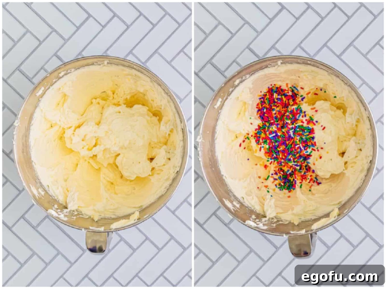 Festive Confetti Cupcakes 9 collage of two photos: a bowl filled with light and fluffy homemade vanilla frosting, perfectly whipped; a generous pile of vibrant sprinkles being added to the vanilla frosting in the bowl, completing the final steps of the frosting preparation.