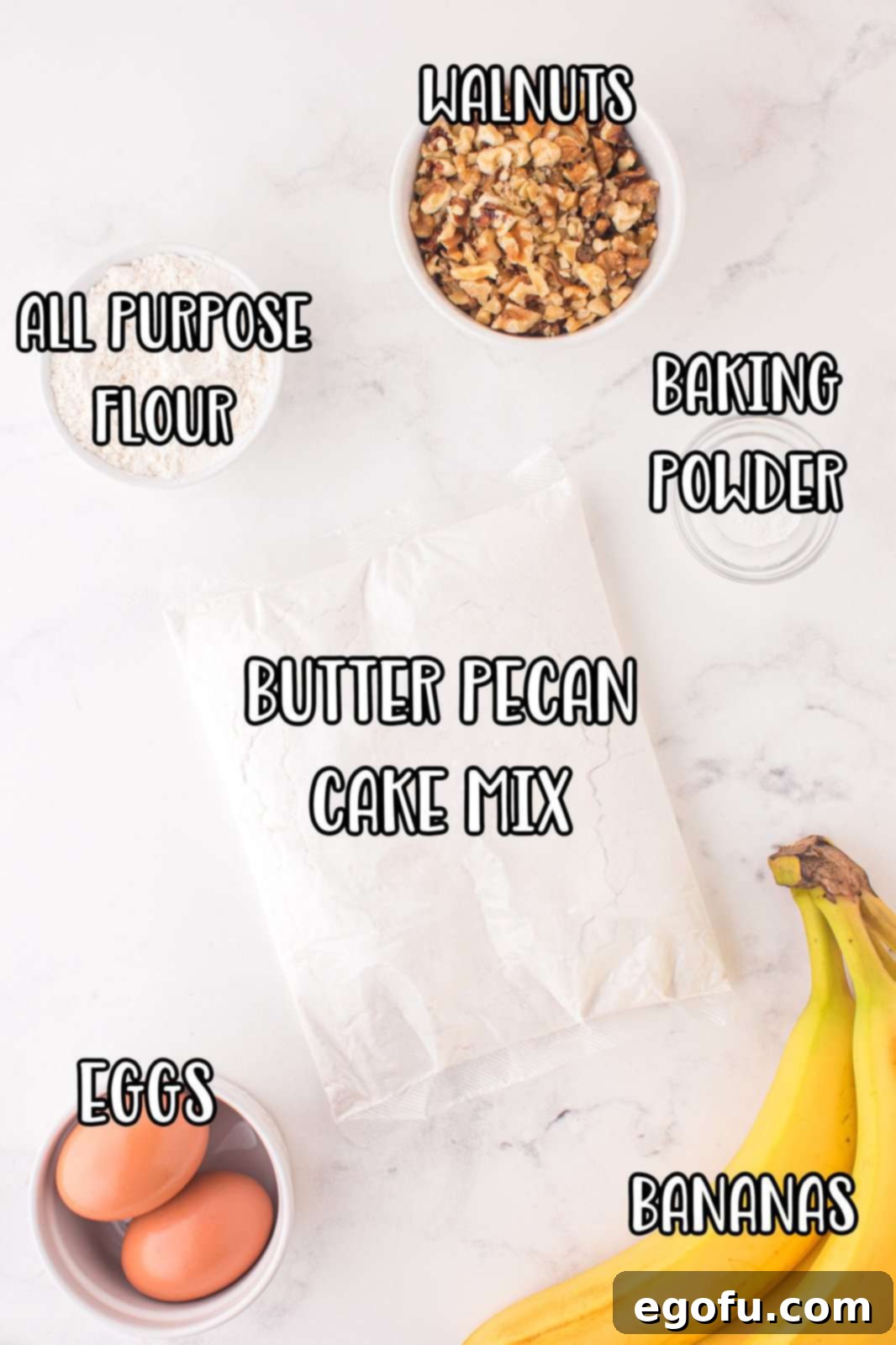 Pecan cake mix, walnuts, large eggs, all purpose flour, baking powder, and ripe bananas.