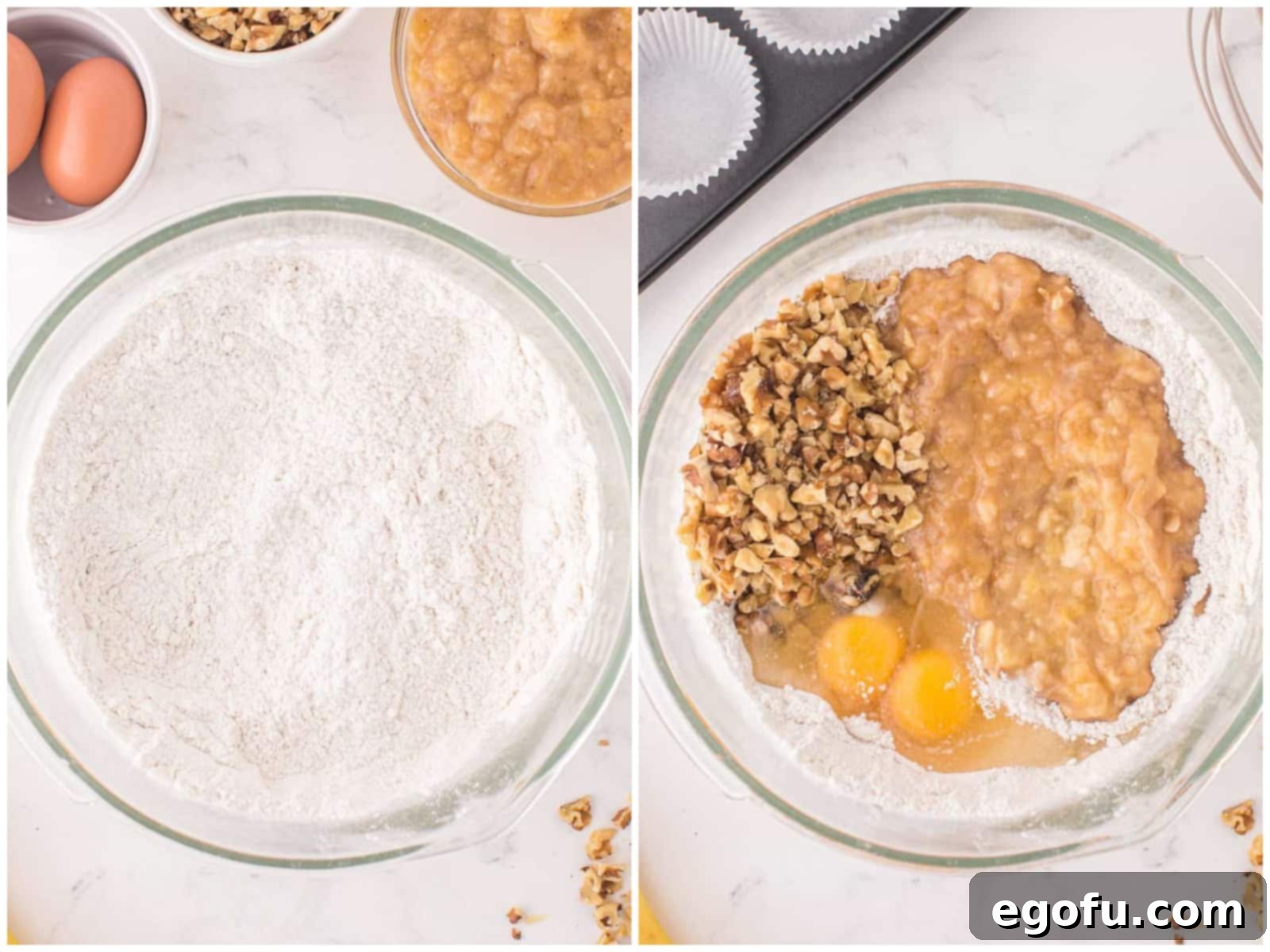 collage of two photos: a large glass mixing bowl with cake mix, flour and baking powder; mashed banana, egg and chopped walnuts added to the bowl. 