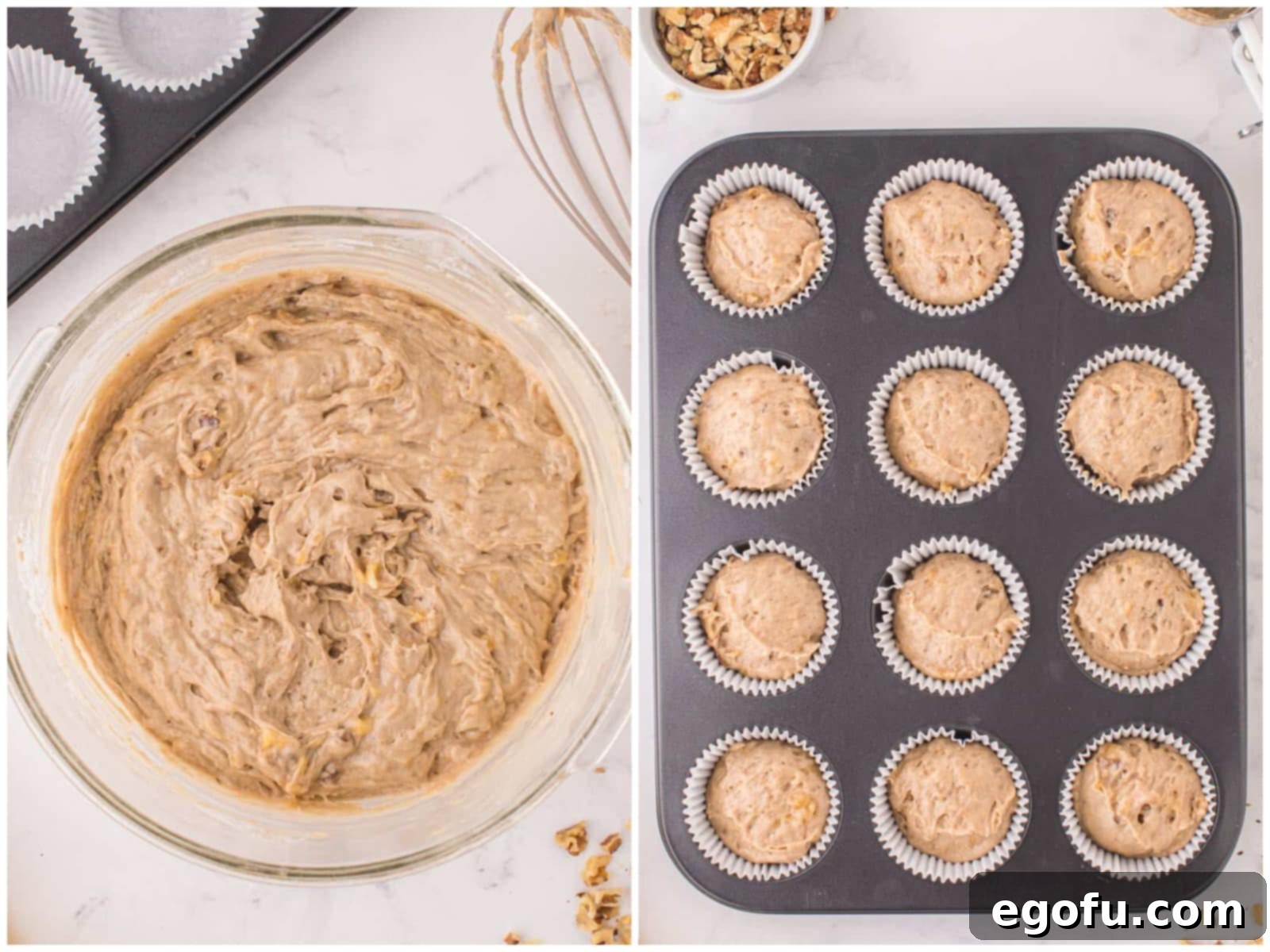 collage of two photos: Banana Nut Cake Mix Muffin batter in a glass bowl; muffin batter divided into cupcake liners in muffin tin. 
