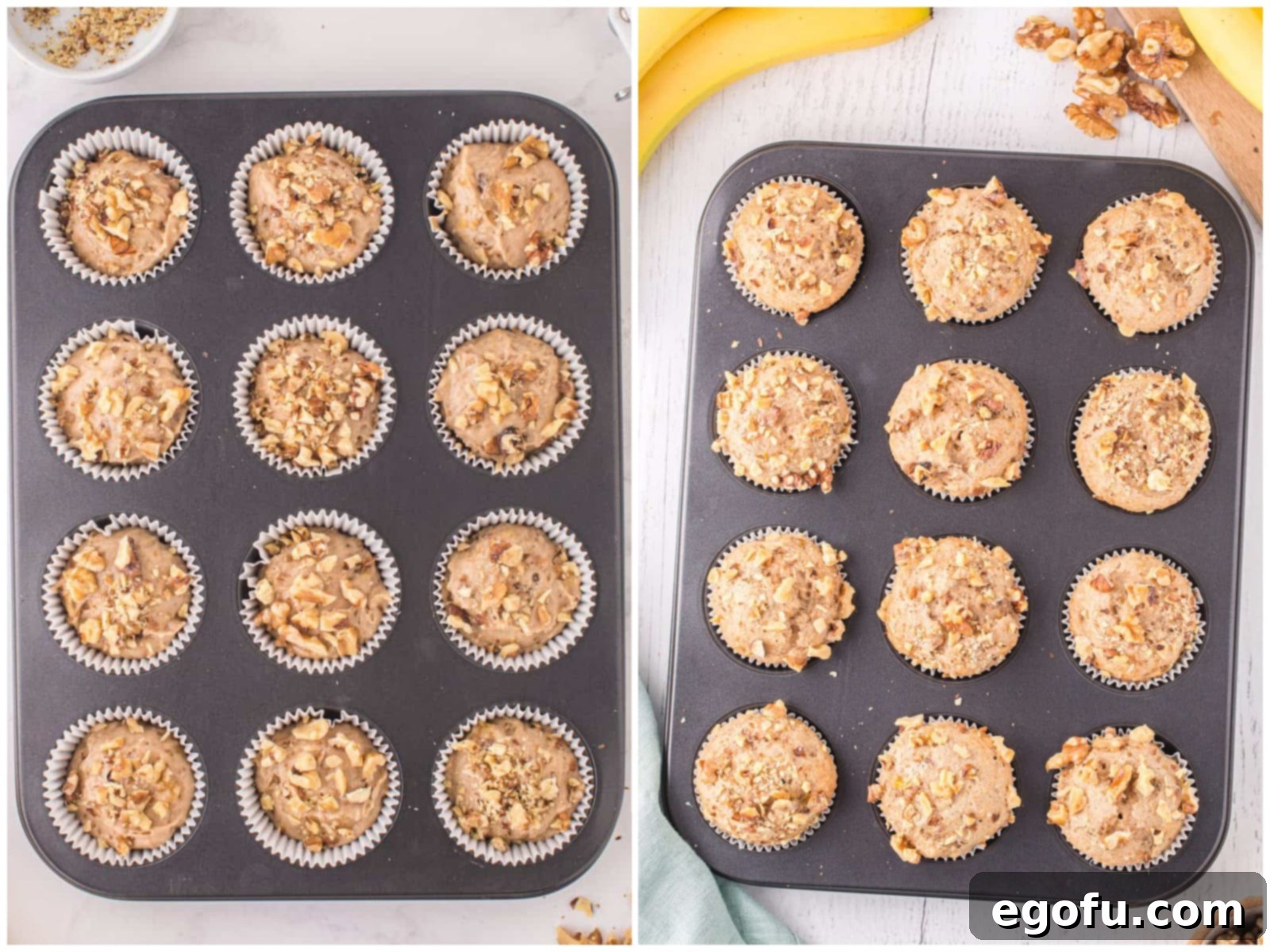 collage of two photos: chopped walnuts added on top of muffin batter; fully baked banana nut muffins in muffin tin. 