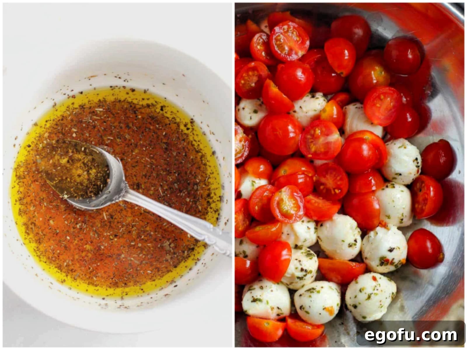 A spoon stirring a small bowl of Caprese Pasta Salad dressing ingredients, next to a larger bowl filled with halved cherry tomatoes and small mozzarella balls.