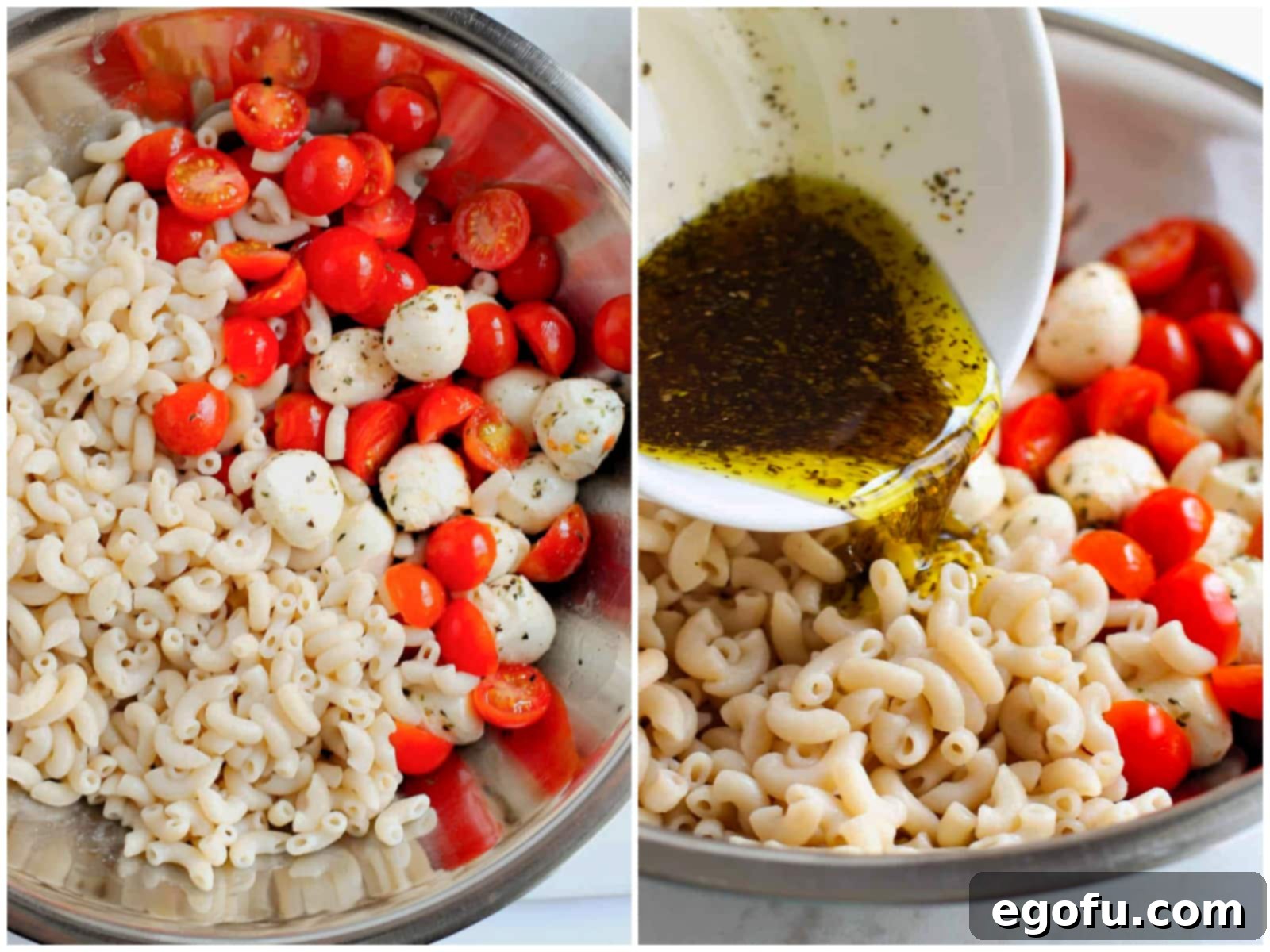 Cooked elbow macaroni noodles being added to a mixing bowl containing halved cherry tomatoes and mozzarella balls, followed by a separate image of the balsamic dressing being poured over the mixed ingredients.