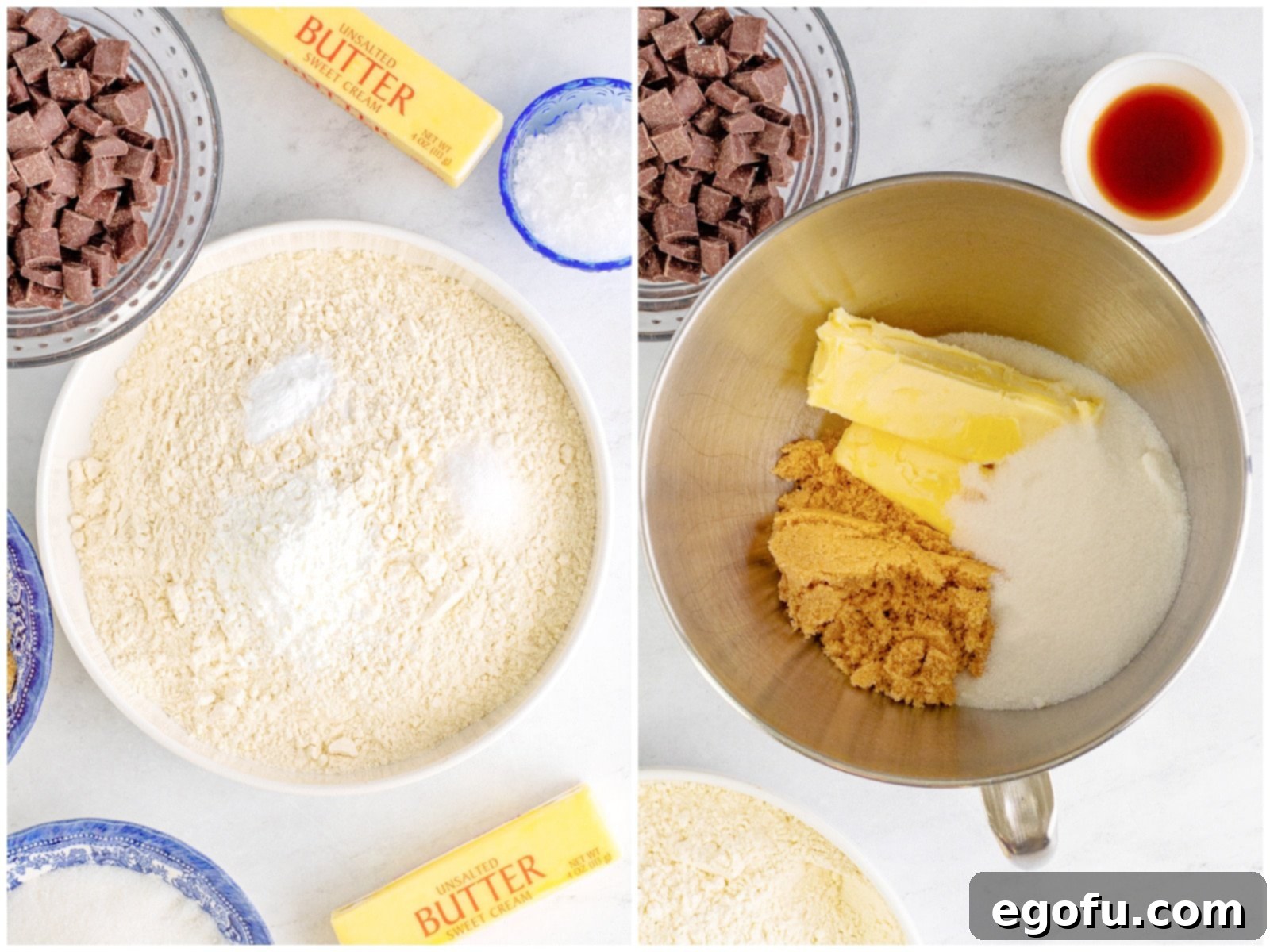 Collage showing the initial steps of making chocolate chunk cookies: dry ingredients (flour, cornstarch, baking soda, salt) mixed in a large bowl, and softened butter and sugars creaming together in a stand mixer bowl until light and fluffy.