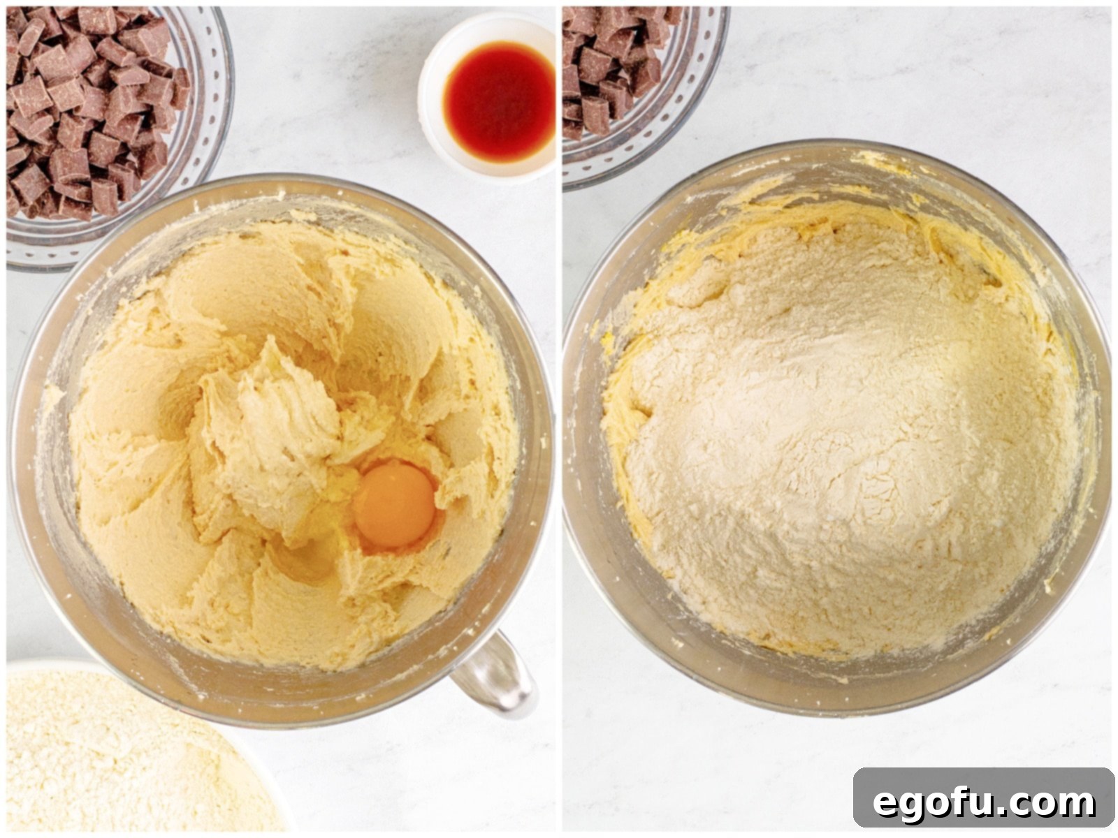 Collage demonstrating the wet ingredient mixing process for chocolate chunk cookies: adding eggs one at a time to the creamed butter and sugar, and then slowly incorporating the whisked dry flour mixture into the wet batter until just combined.