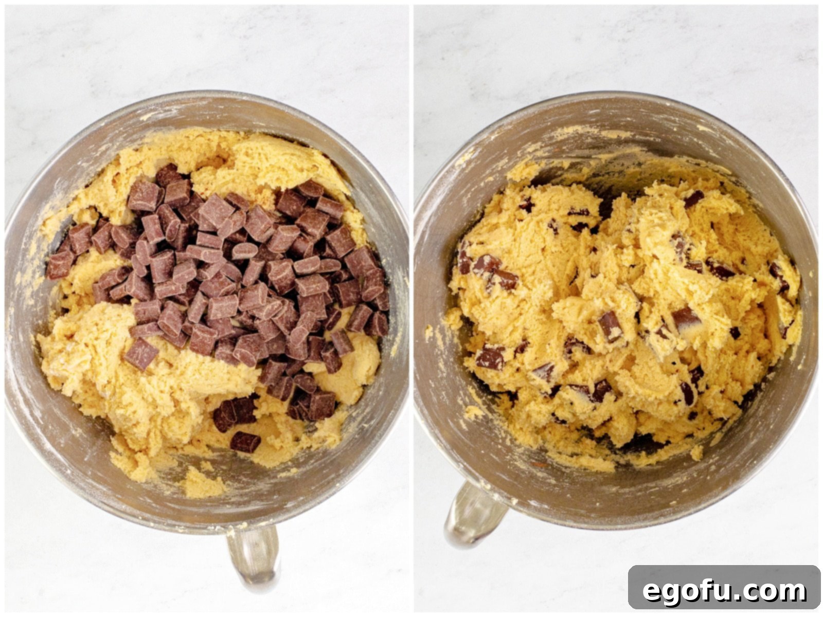 Collage illustrating the final mixing stages for chocolate chunk cookies: the addition of the bulk of semi-sweet chocolate chunks to the dough, followed by a close-up of the rich, fully mixed cookie batter with chocolate evenly distributed.