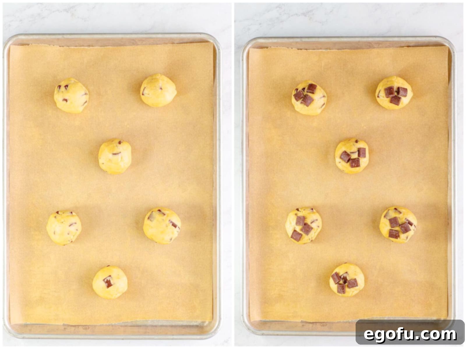 Collage showing the preparation of chocolate chunk cookies for baking: uniformly portioned cookie dough balls arranged on parchment-lined baking sheets, followed by a detailed image of additional chocolate chunks gently pressed onto the top of each cookie dough ball for an aesthetic finish.