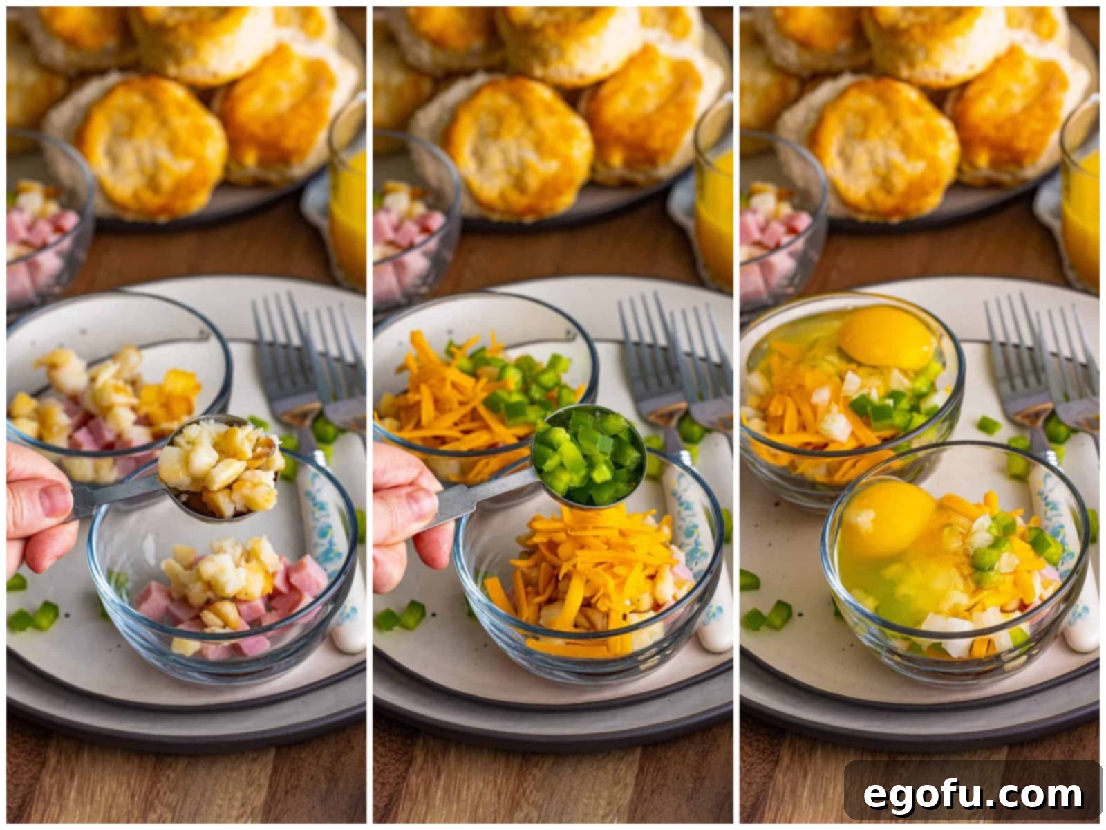 A collage of three photos: pouring potatoes into a bowl; pouring green onions into a bowl; and a cracked egg in the bowl with other ingredients.