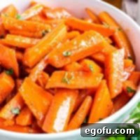 Close up looking at a bowl of Honey Glazed Carrots.