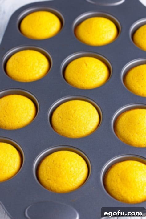 Golden Corn Muffins 13 Fully baked cornbread muffins in a muffin tin.