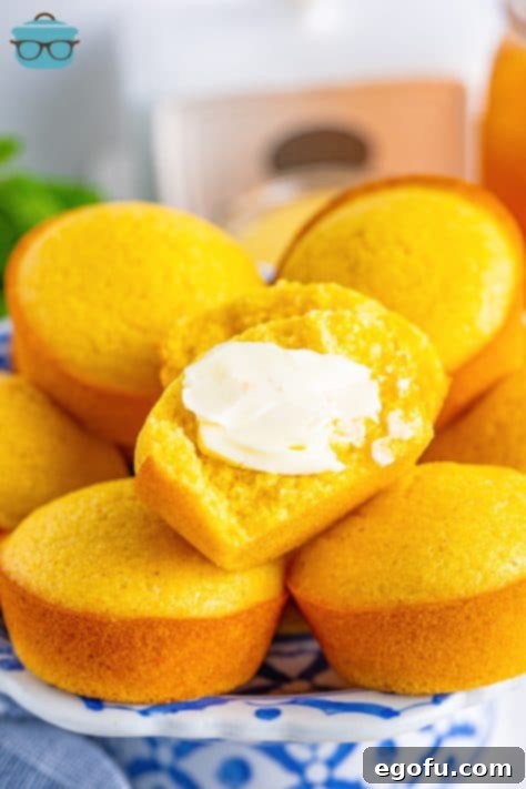 Golden Corn Muffins 14 A pile of Cornbread Muffins, one opened up with butter melting on it.