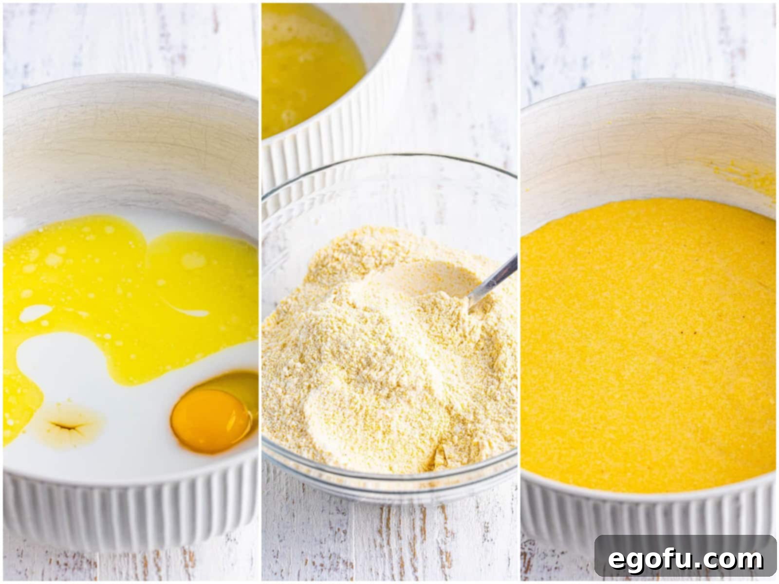 Golden Corn Muffins 5 A visual guide showing the process: wet ingredients, dry ingredients, and then combined batter in mixing bowls.