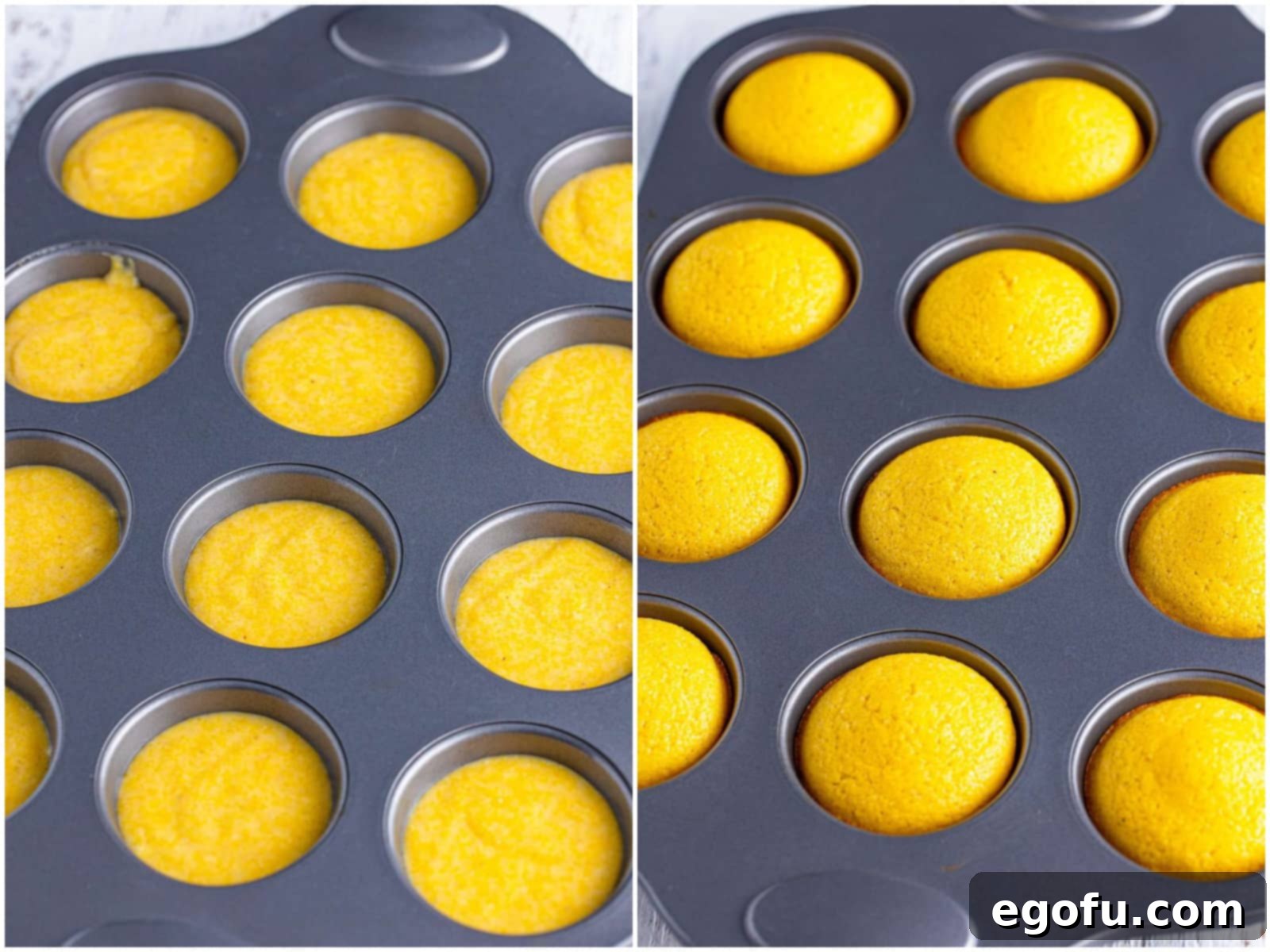 Golden Corn Muffins 6 Two images side-by-side: a muffin pan filled with raw batter, and the same pan with perfectly baked, golden cornbread muffins.