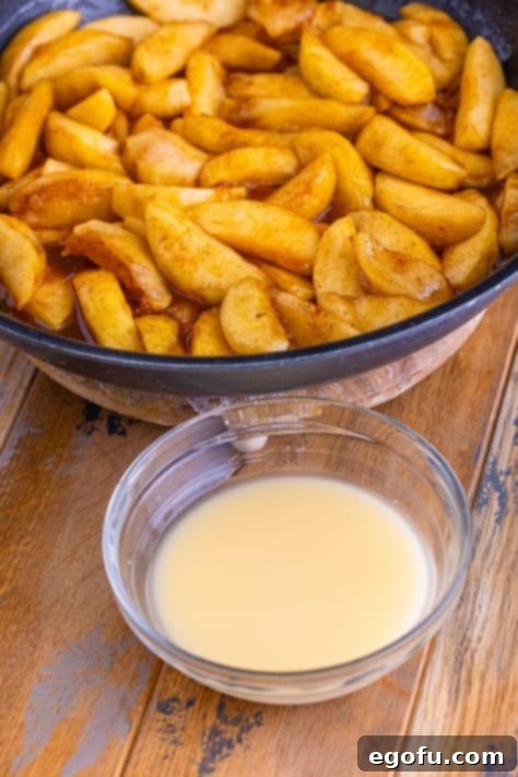 A small bowl of apple juice and cornstarch.