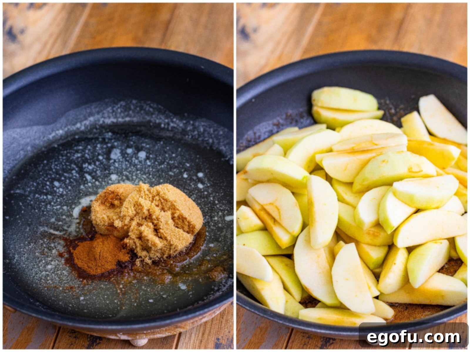 Collage showing two steps: first, butter, brown sugar, cinnamon, and nutmeg melting together in a skillet; second, peeled and sliced green apples being added to the skillet to coat in the sugar mixture.