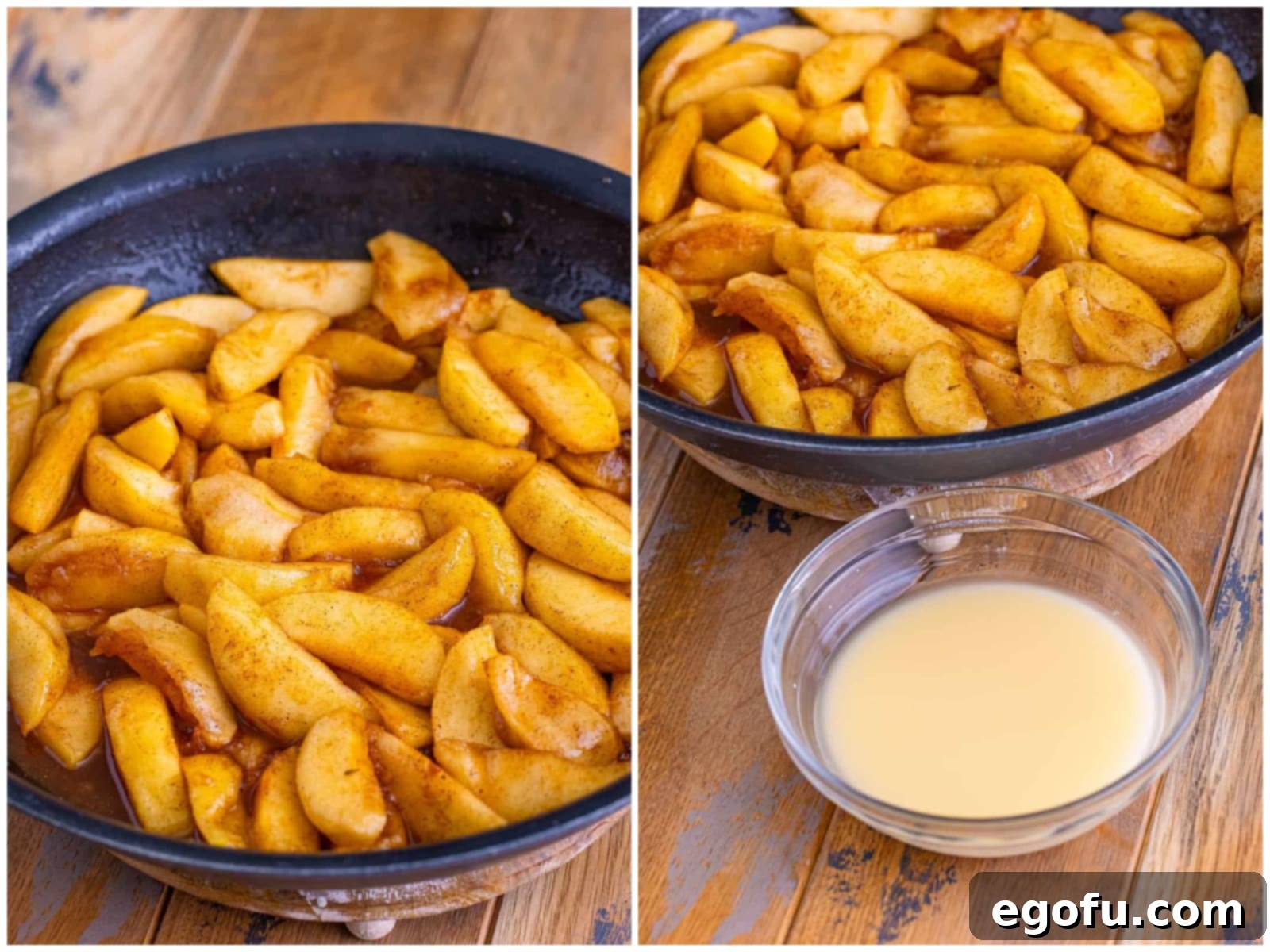 Collage showing two steps: first, apples cooking and softening in the skillet; second, apple juice and cornstarch being whisked together in a small bowl to create a slurry.